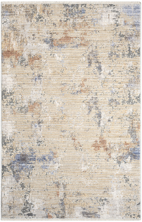 Homeroots 3' X 5' Beige Teal Blue And Gray Abstract Area Rug With Fringe  Polyester 552913
