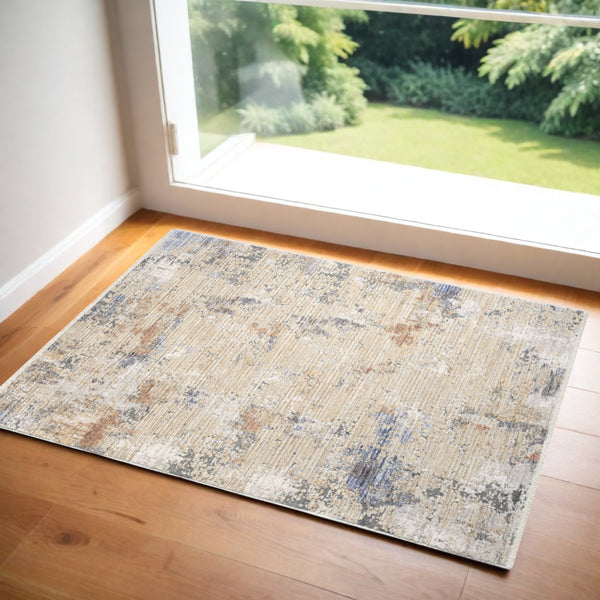 Homeroots 3' X 5' Beige Teal Blue And Gray Abstract Area Rug With Fringe  Polyester 552913