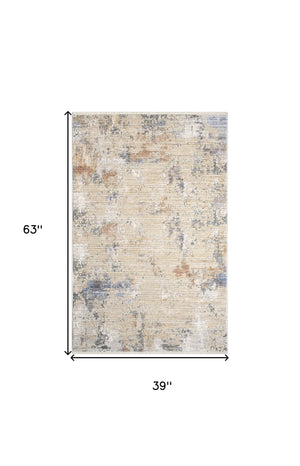 Homeroots 3' X 5' Beige Teal Blue And Gray Abstract Area Rug With Fringe  Polyester 552913