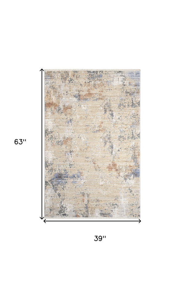 Homeroots 3' X 5' Beige Teal Blue And Gray Abstract Area Rug With Fringe  Polyester 552913
