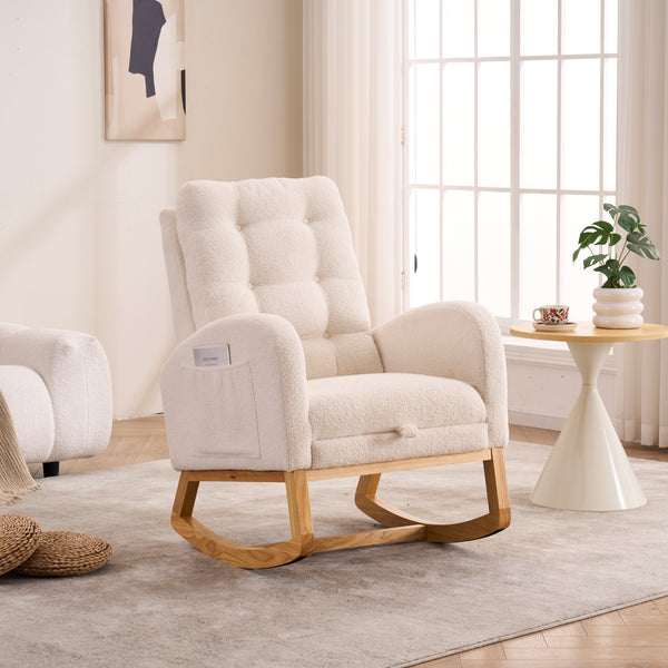 English Elm LY-5104 Plush High-Back Rocking Chair with Footrest & Storage Pocket, Ergonomic Foam Cushion for Nursery Beige+White W2231P292976