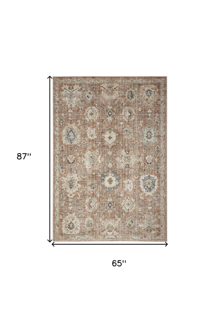 HomeRoots 5x7 Floral Distressed Indoor Rug Polypropylene Vintage Style for Living Room 552966