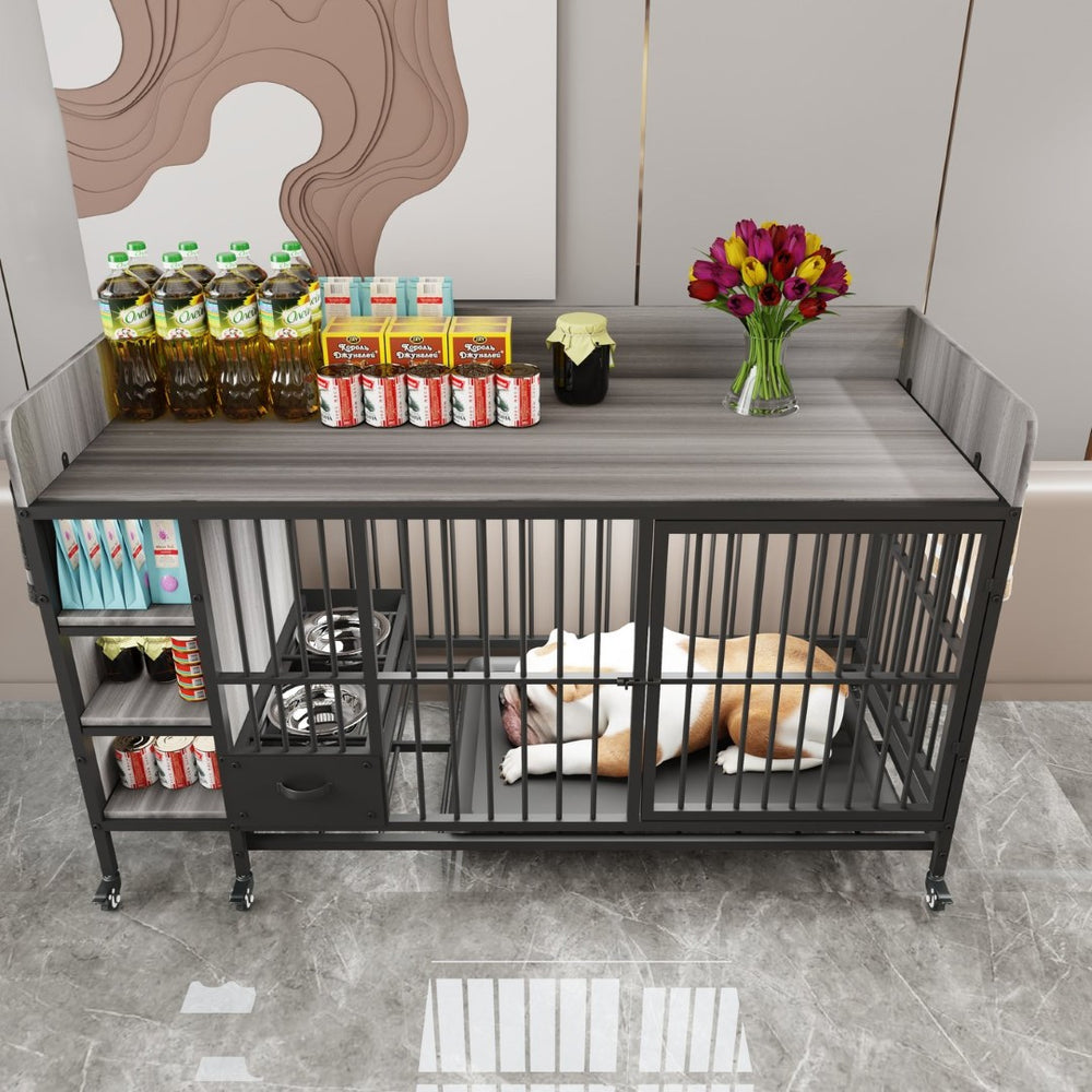 English Elm Large Iron Mdf Pet Enclosure with Storage Cabinet Rolling Casters and Steel Feeding Basins W3064P245385