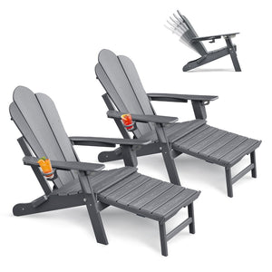 English Elm Folding Outdoor Hdpe Adirondack Chair with Retractable Ottoman for Deck or Patio Grey W1889P450917