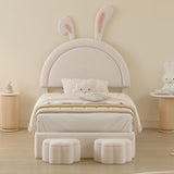 English Elm Twin Size Upholstered Rabbit-Shape Bed With 2 Storage Stools, Velvet Platform Bed With Cartoon Ears Shaped Headboard, White