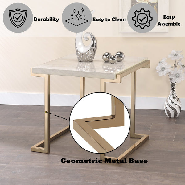 English Elm Boice Champagne Faux Marble Top End Table with Champagne Metal "C" Base, KD Assembly, Modern Glam Finish B2726P410329