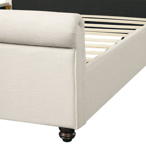 English Elm Queen Linen Upholstered Bed Frame Thick Rolled Headboard Solid Rubberwood Legs Bedroom Beige N757Q384827I