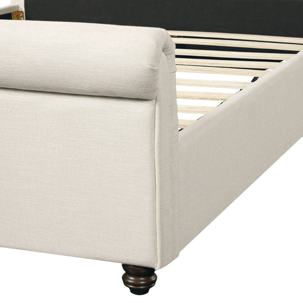 English Elm Queen Linen Upholstered Bed Frame Thick Rolled Headboard Solid Rubberwood Legs Bedroom Beige N757Q384827I