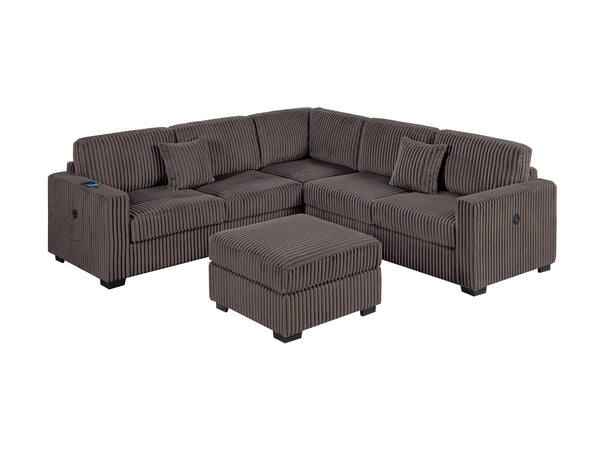 English Elm Living L-Shaped Sectional Sofa Set with Reversible Chaise, Tufted Burlap Fabric, Storage Ottoman, USB Port Chocolate 40 L x 26 W x 58 H B011S01781