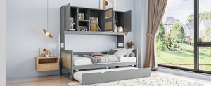 English Elm Twin Size Wooden Daybed With Trundle, Integrated Storage Cabinet & Shelves In Elegant Gray Finish N820S00048E-GIGA