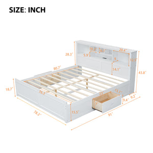 English Elm King Platform Bed with Multi-Storage Headboard, Built-In USB & Outlets, Side Drawers, Modern Design White GX000400AAK