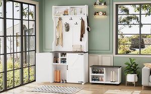 English Elm On-Trend Farmhouse 4-In-1 Hall Tree With Movable Bench, 7 Hooks, Shoe Storage & Barn Doors, White N721P205788K-GIGA