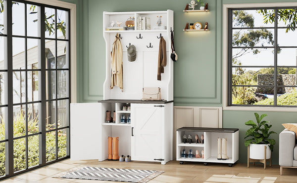 English Elm On-Trend Farmhouse 4-In-1 Hall Tree With Movable Bench, 7 Hooks, Shoe Storage & Barn Doors, White N721P205788K-GIGA