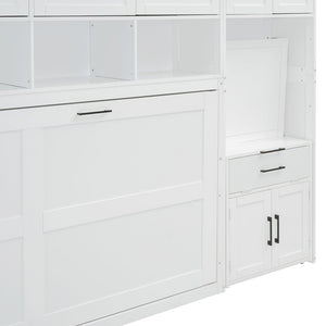 English Elm Twin Murphy Wall Bed with Integrated Closet Drawers and Desk for Studio Spaces White LP000595AAK-2