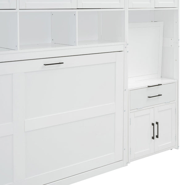 English Elm Twin Murphy Wall Bed with Integrated Closet Drawers and Desk for Studio Spaces White LP000595AAK-2