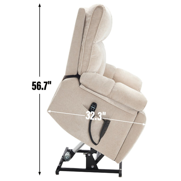 English Elm Beige Chenille Power Lift Recliner Dual Motor Massage Heat 350 Lb Capacity Beige W1803P264021