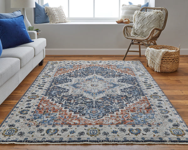 Feizy Rugs Kaia Luxurious Soft Area Rug - Distressed Medallion Design, Durable & Fade-resistant For High Traffic Ivory,Blue,Red Polypropylene,Viscose,Polyester Kai39htfbluredb00