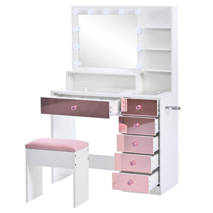 English Elm Vanity Desk with Hollywood Bulbs Glass Top Pink Glam Drawers and Cushioned Stool N704P340246K