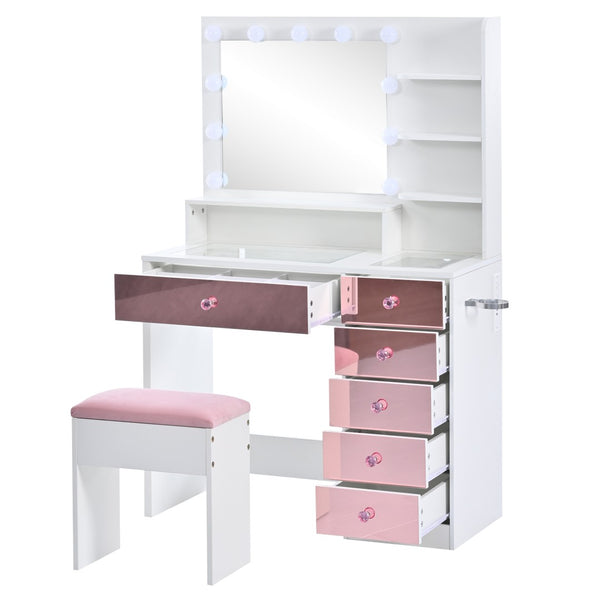 English Elm Vanity Desk with Hollywood Bulbs Glass Top Pink Glam Drawers and Cushioned Stool N704P340246K