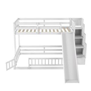 English Elm Twin Over Full Bunk Bed Solid Pine Frame with Built-in Slide and Storage Staircase White W504S00290