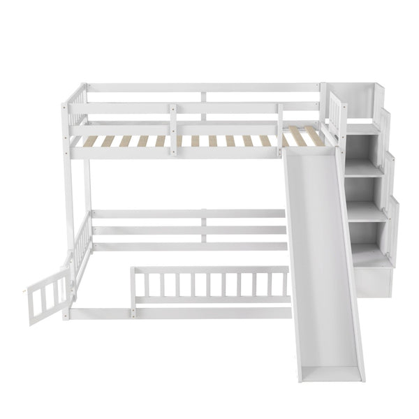 English Elm Twin Over Full Bunk Bed Solid Pine Frame with Built-in Slide and Storage Staircase White W504S00290