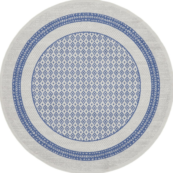 Homeroots 8' Ivory And Blue Geometric Round Rug - Durable, Stain Resistant, Perfect For Homes With Kids & Pets  Polyester 553085