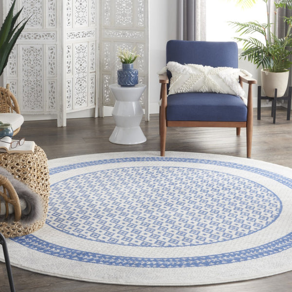HomeRoots 8' Ivory and Blue Geometric Distressed Rug - Perfect for Cozy Homes with Kids and Pets, Durable Design 8' Round 553085