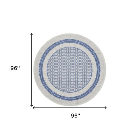 Homeroots 8' Ivory And Blue Geometric Round Rug - Durable, Stain Resistant, Perfect For Homes With Kids & Pets  Polyester 553085