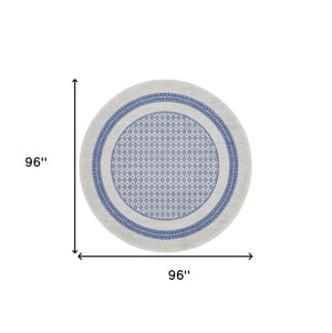 Homeroots 8' Ivory And Blue Geometric Round Rug - Durable, Stain Resistant, Perfect For Homes With Kids & Pets  Polyester 553085