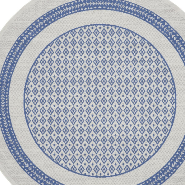 Homeroots 8' Ivory And Blue Geometric Round Rug - Durable, Stain Resistant, Perfect For Homes With Kids & Pets  Polyester 553085