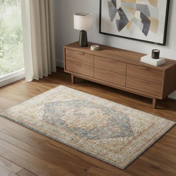 4 X 6 Ivory Blue Distressed Oriental Polyester Area Rug for Living Spaces
