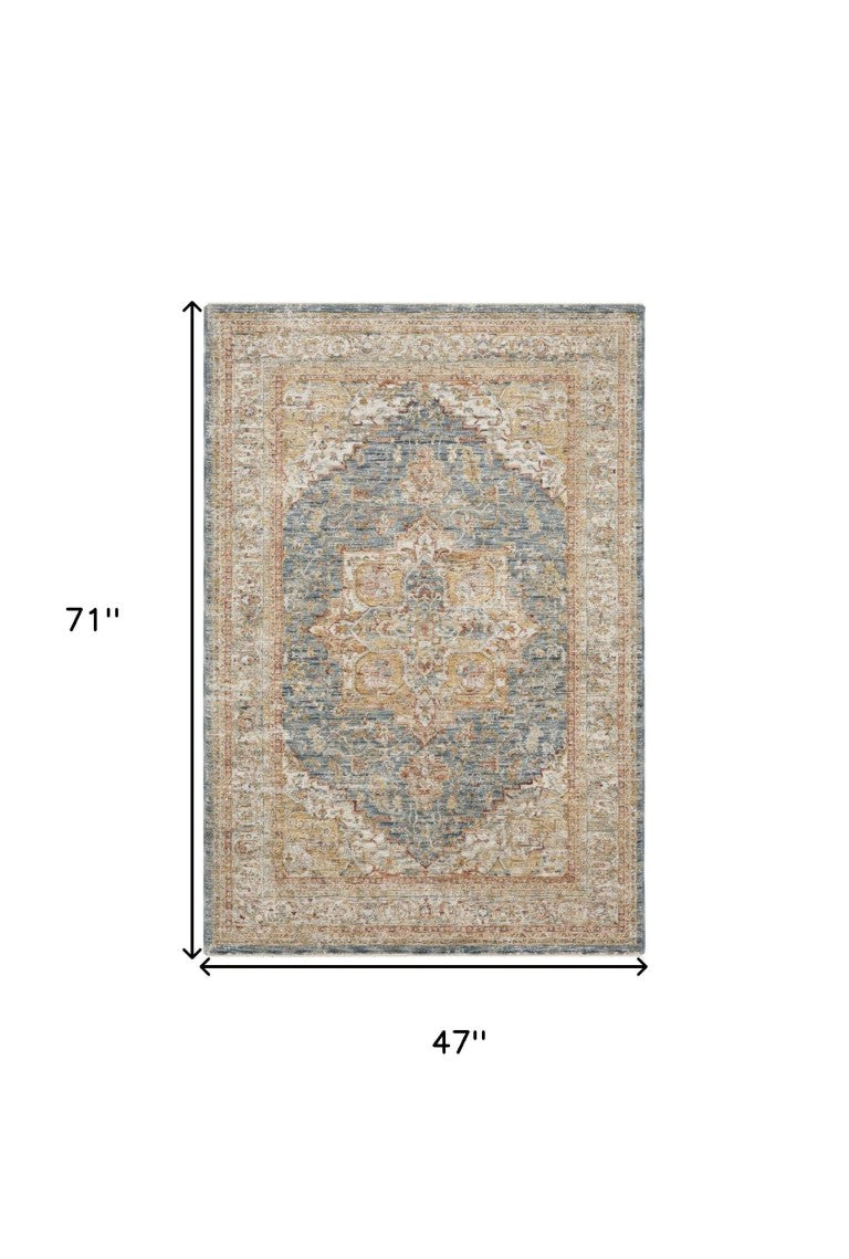 HomeRoots 4 X 6 Ivory Blue Distressed Oriental Polyester Area Rug for Living Spaces 553092