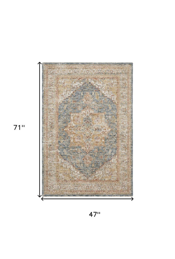 4 X 6 Ivory Blue Distressed Oriental Polyester Area Rug for Living Spaces
