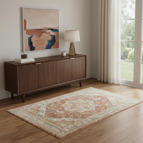 4x6 Ivory Oriental Distressed Polyester Area Rug Stain Resistant Entryway Accent