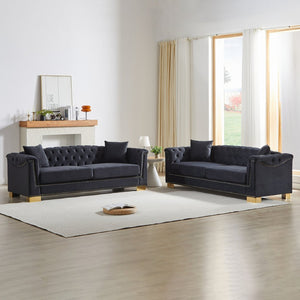 English Elm 3-seater Modular Chesterfield Velvet Sofa Tufted Gold Stud Detail for Elegant Living Rooms Black+Blue W1926S00100