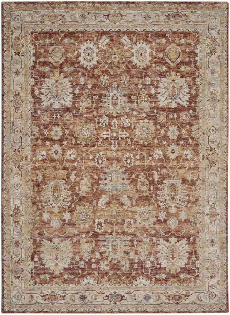 HomeRoots 9x13 Geometric Distressed Polyester Area Rug Rust Ivory Blue Transitional Living 553101