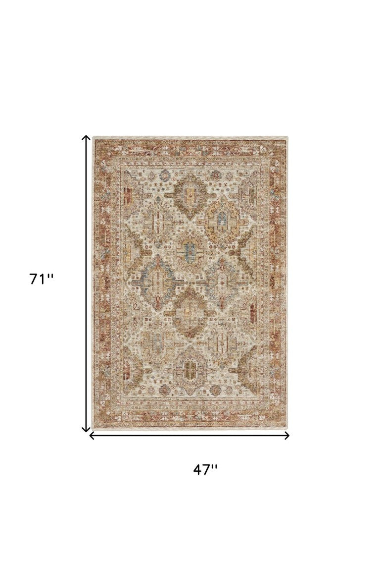 HomeRoots 4x6 Geometric Distressed Polyester Area Rug Ivory Brown Yellow Transitional Accent 553102