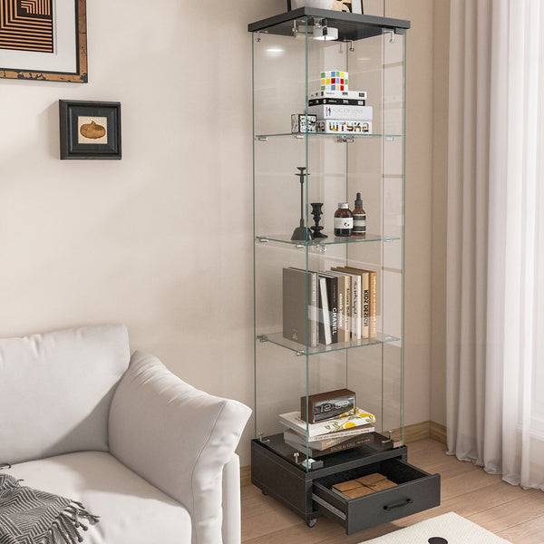 English Elm Modern Glass Display Cabinet With Led Lights - Stylish 4-Shelf Storage For Collectibles & Decor W241P268241