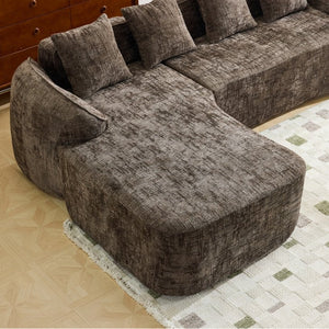 English Elm Beige Chenille L-shaped Sectional Sofa with Chaise Deep Seating and Curved Armrests Brown W3612S00032