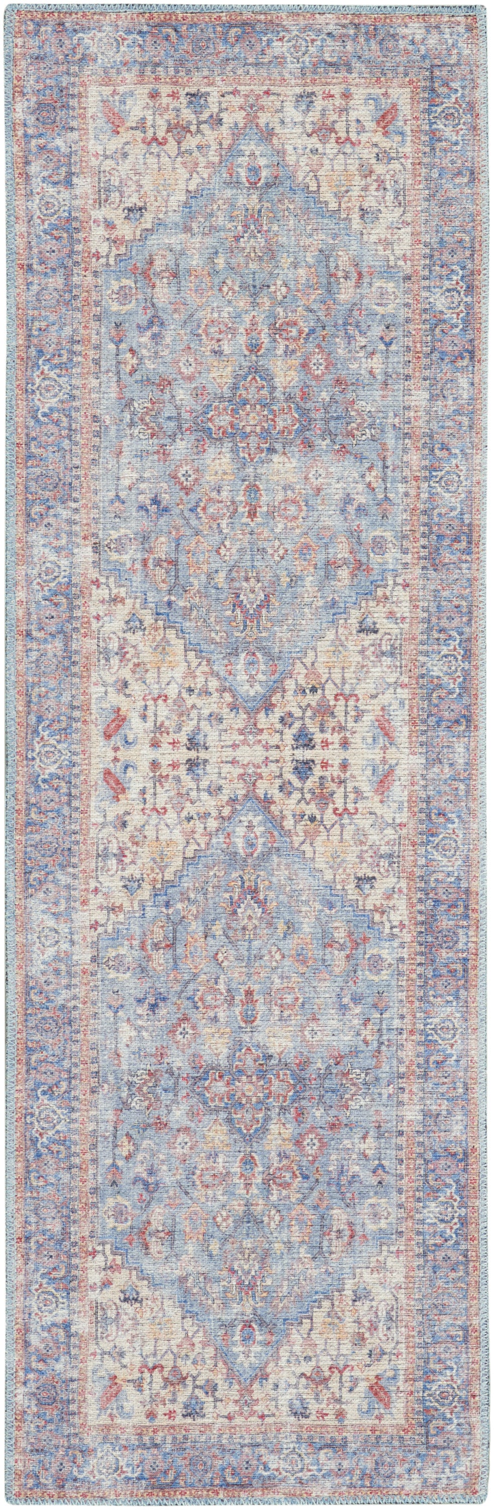 Homeroots 12' Runner Beige And Blue Floral Power Loom Distressed Runner Rug  Cotton Blend 553135