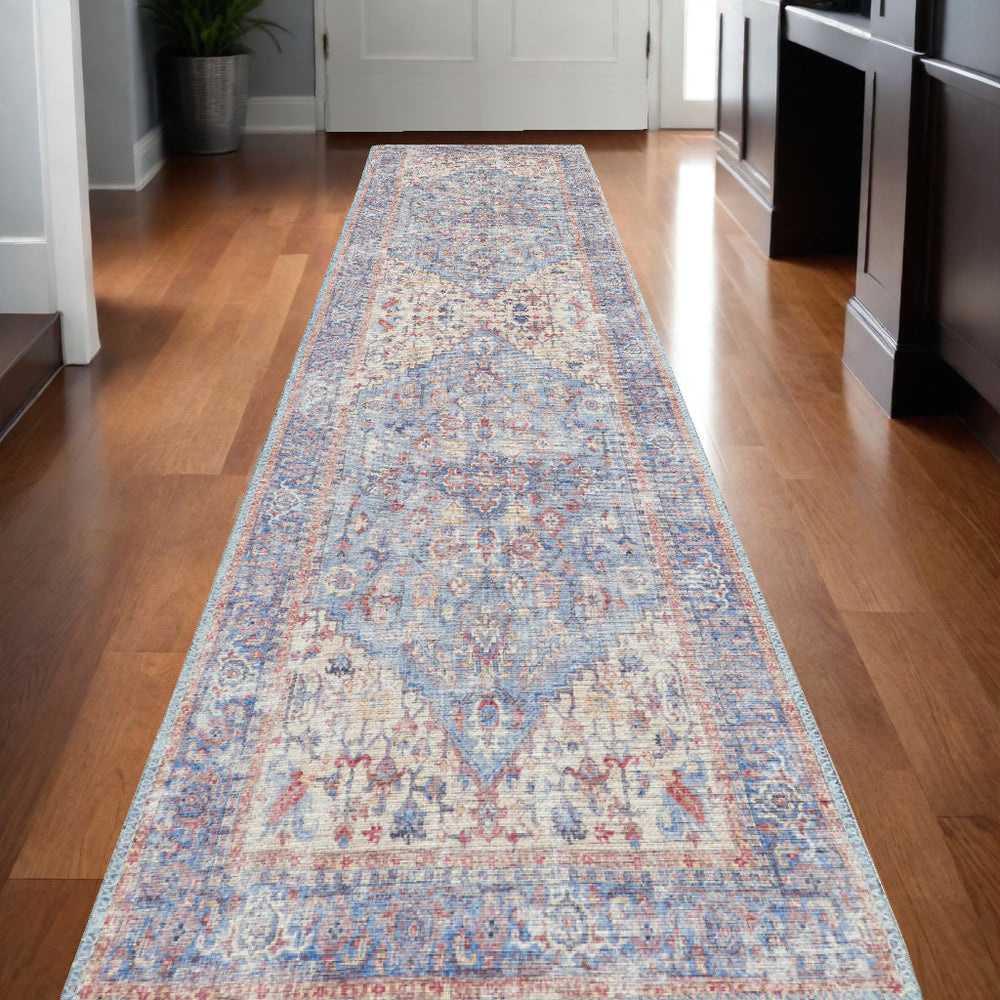 Homeroots 12' Runner Beige And Blue Floral Power Loom Distressed Runner Rug  Cotton Blend 553135