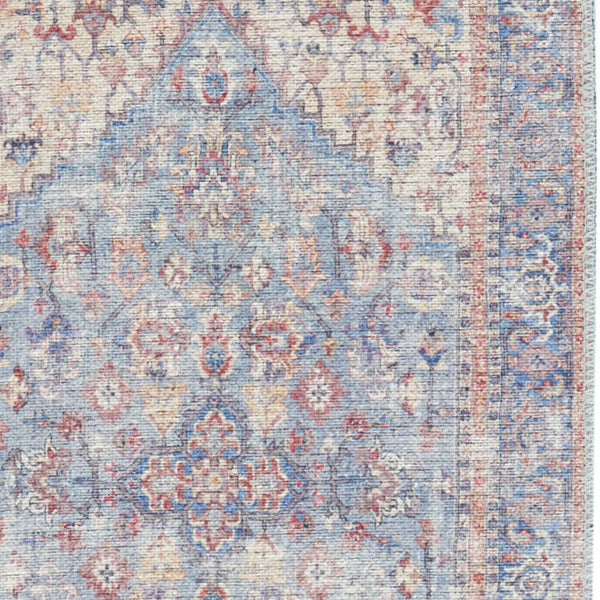 Homeroots 12' Runner Beige And Blue Floral Power Loom Distressed Runner Rug  Cotton Blend 553135
