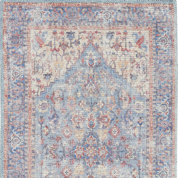 Homeroots 12' Runner Beige And Blue Floral Power Loom Distressed Runner Rug  Cotton Blend 553135