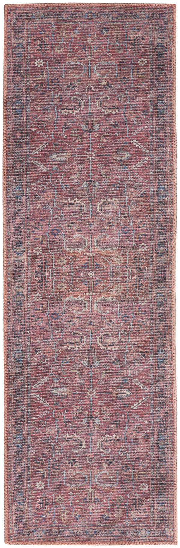 Homeroots 12' Runner Blue And Red Floral Power Loom Distressed Runner Rug  Cotton Blend 553137