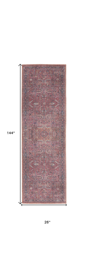 Homeroots 12' Runner Blue And Red Floral Power Loom Distressed Runner Rug  Cotton Blend 553137
