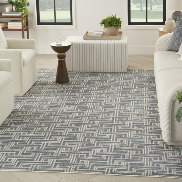 HomeRoots 9' Blue Geometric Distressed Area Rug - Stylish Vintage-Inspired Design for Modern & Traditional Spaces 9' X 12' 553138
