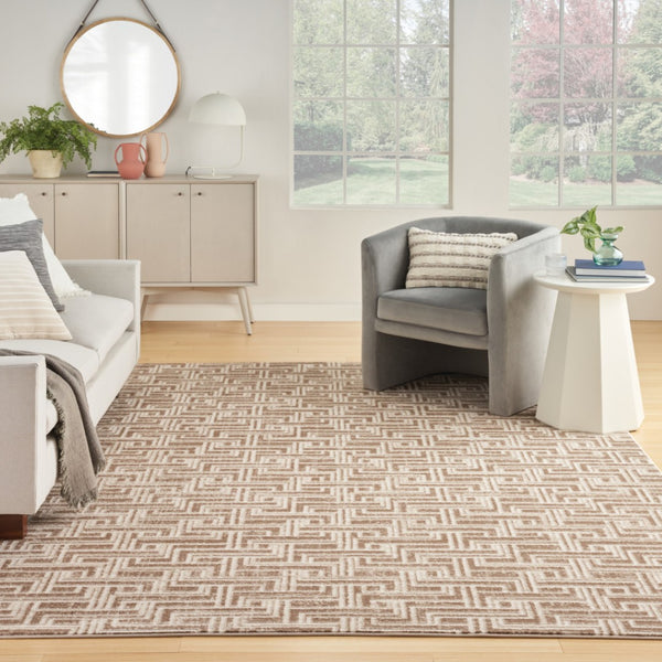 HomeRoots 9' Stylish Ivory and Brown Geometric Area Rug - Durable, Stain-Resistant Design for Modern Spaces 9' X 12' 553139