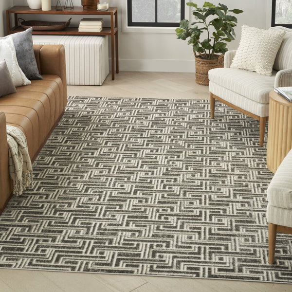 HomeRoots 9' Gray Geometric Distressed Area Rug - Modern Elegance for Living Spaces with Textured Design 9' X 12' 553140
