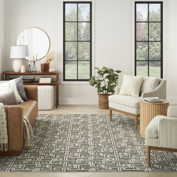 HomeRoots 9' Gray Geometric Distressed Area Rug - Modern Elegance for Living Spaces with Textured Design 8' X 10' 553143