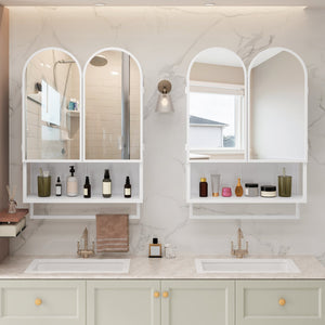 English Elm 23.62" Modern Double-Arched Mirror Cabinet with Tempered Glass, Metal Frame, Shelf & Towel Rack Storage White W757P314591